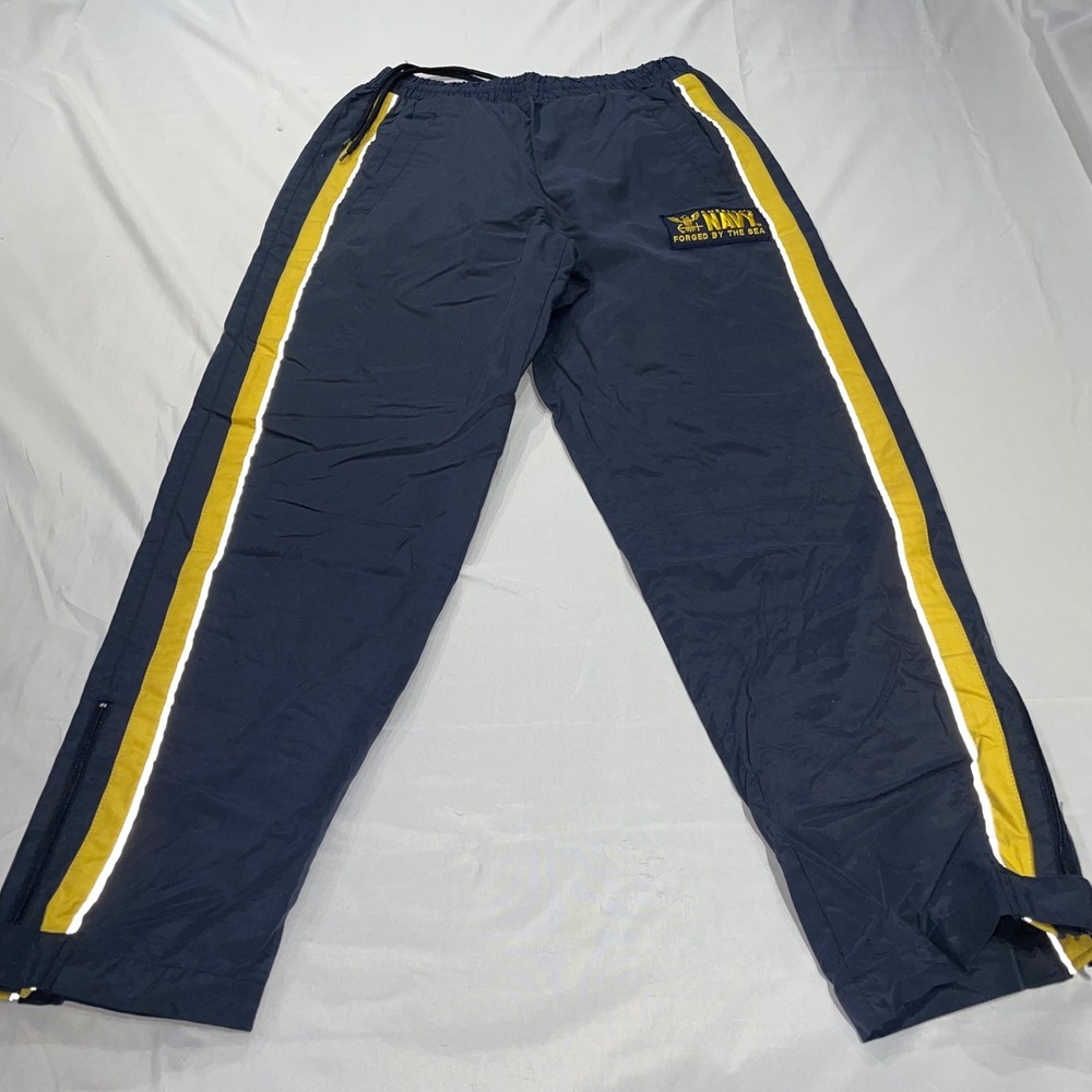 US Navy PT Track Pants Navy Blue Yellow Stripe Reflective Windbreaker Small